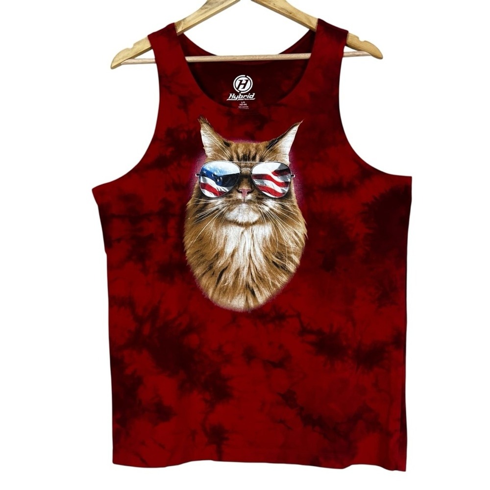 Hybrid Tees Sleeveless Tank Men's XL Red Tie Dye American Flag Freedom Cat Retro